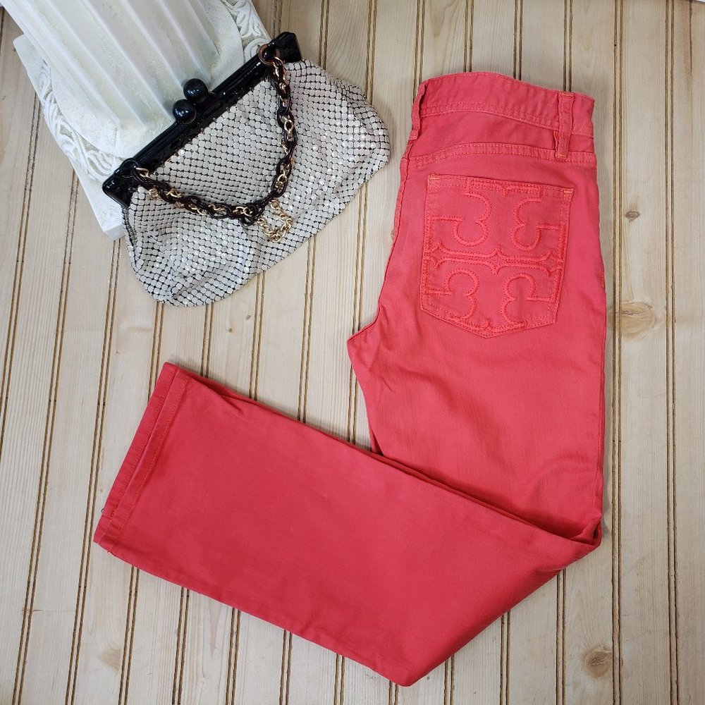 Tory Burch Sz 27 Orange Cropped Denim Jeans Low Rise Embroidered Pockets Stretch